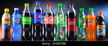 Bottles of global soft drink brands Stock Photo
