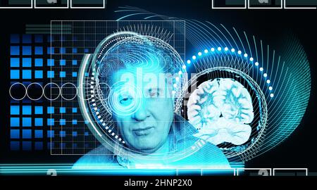 Artificial intelligence concept. Head, face with cybernetic digital brain, neural network link to virtual interface. Stock Photo