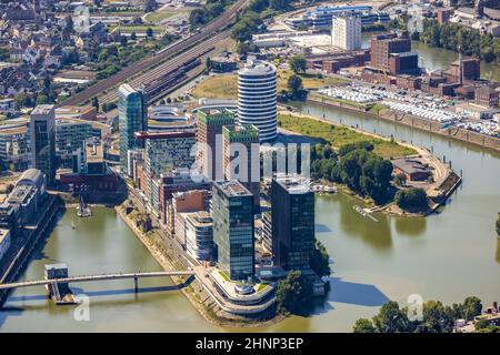 Aerial view, Media Harbour Skyline in the former Rhine Harbour in Düsseldorf, Rhineland, North Rhine-Westphalia, Germany, DE, Düsseldorf, Europe, comm Stock Photo