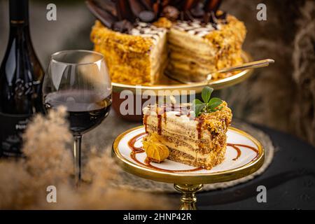 Slice of layered walnut cake Stock Photo
