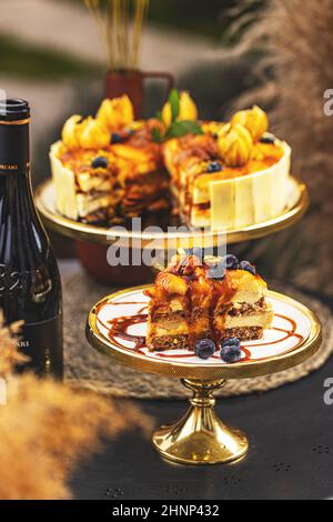 Slice of layered walnut cake Stock Photo