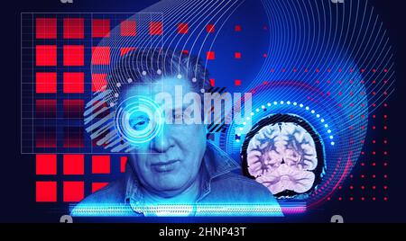 Artificial intelligence concept. Head, face with cybernetic digital brain, neural network link to virtual interface. Stock Photo