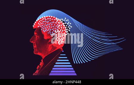 Artificial intelligence concept. Head, face with cybernetic digital brain, neural network link to virtual interface. Stock Photo