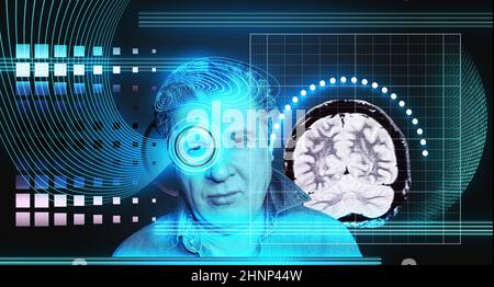 Artificial intelligence concept. Head, face with cybernetic digital brain, neural network link to virtual interface. Stock Photo