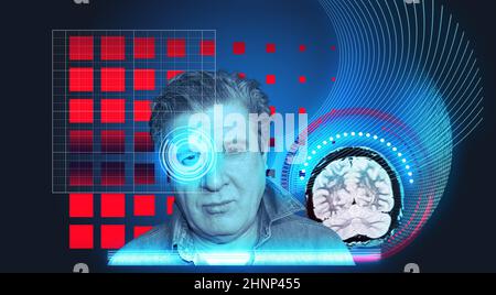 Artificial intelligence concept. Head, face with cybernetic digital brain, neural network link to virtual interface. Stock Photo