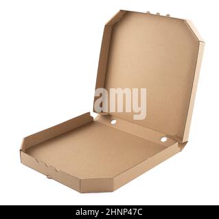 Blank brown open cardboard pizza paper box on white background. Packaging template Stock Photo