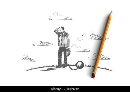 Debt concept. Hand drawn businessman chained to a large ball. Man in financial trouble isolated vector illustration. Stock Photo