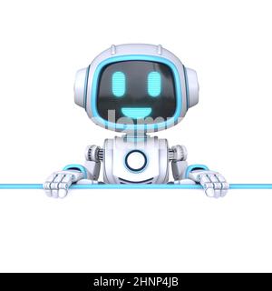 Cute blue robot holding blank white board 3D rendering illustration isolated on white background Stock Photo