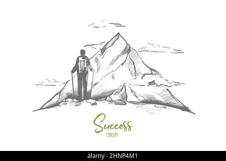 Success concept. Hand drawn person on top of mountain as symbol of success. Man with backpack trekking isolated vector illustration.