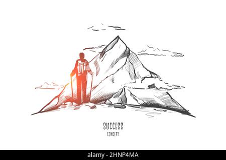 Success concept. Hand drawn person on top of mountain as symbol of success. Man with backpack trekking isolated vector illustration.