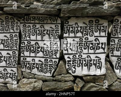 Mani wall, buddhist mantra carved in stones, Nepal. Stock Photo