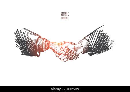 Bionic concept. Hand drawn businessman in a suit and a robot shaking hands. Partnership between robot and human isolated vector illustration. Stock Photo