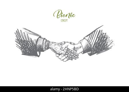 Bionic concept. Hand drawn businessman in a suit and a robot shaking hands. Partnership between robot and human isolated vector illustration. Stock Photo