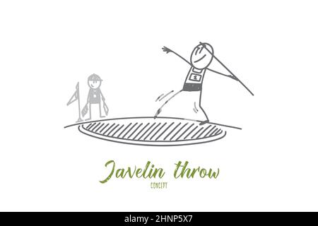 Javelin throw concept. Hand drawn male athlete preparing to throw javelin. Athlete throwing javelin isolated vector illustration. Stock Photo