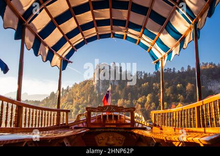 Traditional wooden boats on lake Bled, Slovenia. Stock Photo