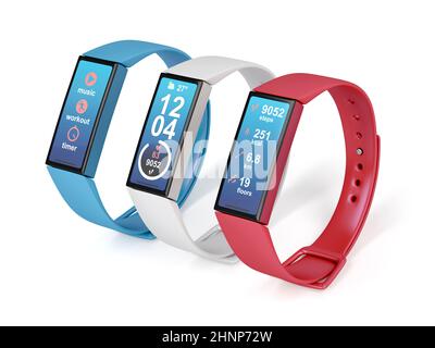 Blue, white and red colored fitness trackers on white background Stock Photo