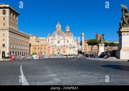 Venetian Square with domes of the churches Santa Maria di Loreto and Church of the Most Holy Name of Mary, Trajan's Column, Rome, Italy Stock Photo