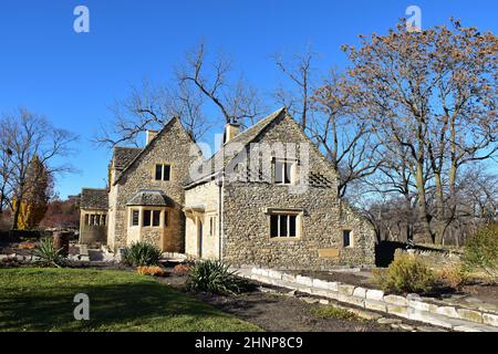 A 1619 Cotswold cottage at Greenfield Village, an 80-acre open air site & part of the Henry Ford museum complex in Dearborn, Detroit, Michigan, USA. Stock Photo