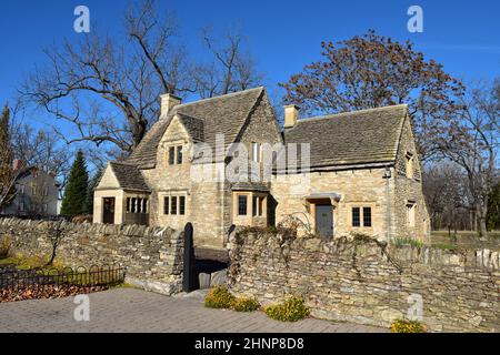 A 1619 Cotswold cottage at Greenfield Village, an 80-acre open air site & part of the Henry Ford museum complex in Dearborn, Detroit, Michigan, USA. Stock Photo