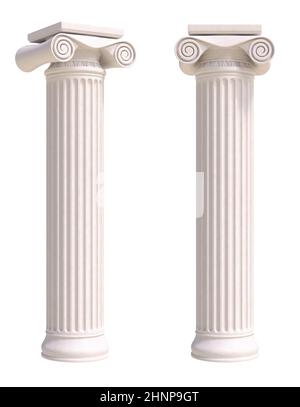 Antique columns in greek style. Front and side view. Isolated on white background. Stock Photo