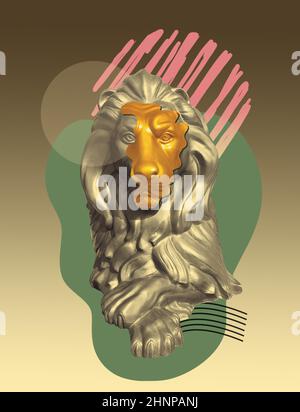 Collage with lion in a pop art style. Modern creative concept image with ancient statue. Stock Photo