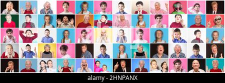Diverse people with different emotions. Collage of diverse multi-ethnic and mixed age range people Stock Photo