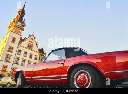 Mercedes Benz logo on vintage car wheel. Dunlop logo on tyre. Mercedes-Benz is a German automobile manufacturer. The brand is used for luxury automobiles, buses, coaches and trucks. Stock Photo