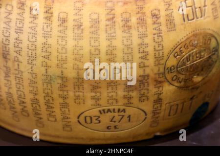 Whole wheel of Parmigiano Reggiano cheese Stock Photo