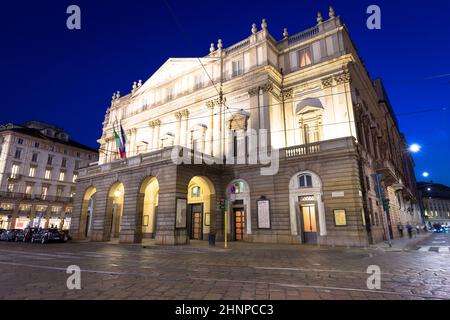 Theatre La Scala in Milan, Italy, by night. One of the most famous Italian buildings - 1778. Stock Photo