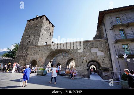 AOSTA, ITALY - AUGUST 20, 2021: roman ruins Porta Praetoria gate in Aosta city, northern Italy Stock Photo