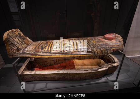 TURIN, ITALY - AUGUST 19, 2021: Egyptian sarcophagus with mummy, Egyptian Museum of Turin, Italy Stock Photo