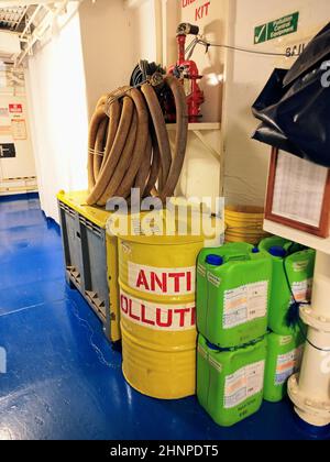 sopep equipments on a ship,oil spill equipments in a a ship,ships sopep system,oil spill prevention materials onboard,ships environmental protection Stock Photo
