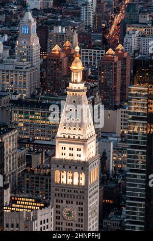 Aerial panoramic view over upper Manhattan and metropolitan Life tower to New York Stock Photo