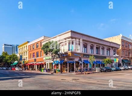 facade of historic houses in the gaslamp quarter in San Diego Stock Photo