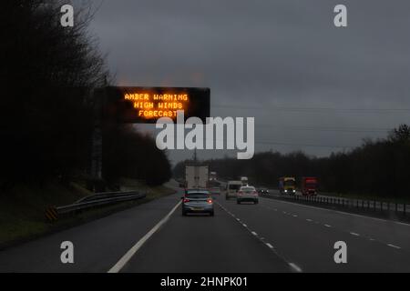 Amber Warning High Winds Forecast motorway sign during storm Dudley, 2022, UK Stock Photo
