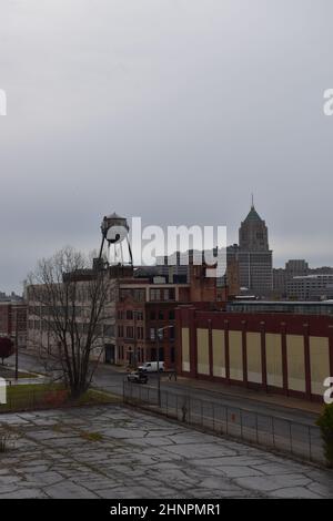 Views of downtown Detroit from the abandoned, six storey Fisher Body Plant 21 designed by Albert Kahn on Piquette Ave, Michigan, USA. Stock Photo