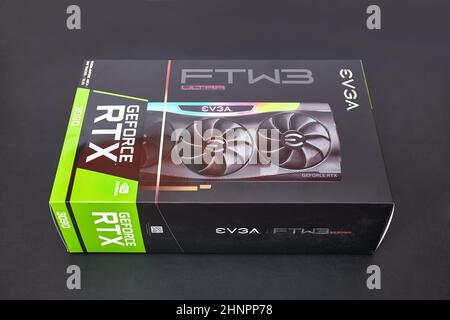 EVGA Geforce RTX 3090 Nvidia GPU box on a desk Stock Photo