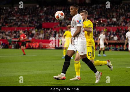 Seville, Spain. 1st Feb, 2022. Anthony Martial (22) of Sevilla FC and Stefan Ristovski (13) of Dinamo Zagreb seen during the UEFA Europa League match between Sevilla FC and Dinamo Zagreb at Estadio Ramon Sanchez Pizjuan in Seville. (Photo Credit: Gonzales Photo/Alamy Live News Stock Photo