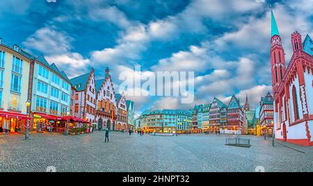 Old town square Romerberg with tourists in Frankfurt Stock Photo