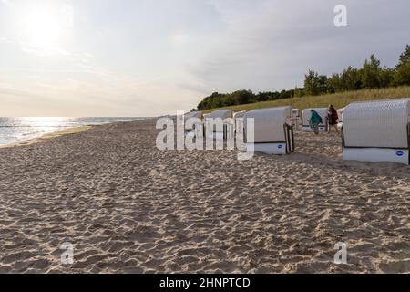 The view of the beach of Zempin on the island of Usedom with many beach chairs Stock Photo