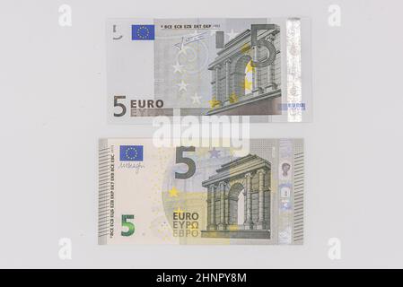 The New 5-euro Banknote (above) And The Old Banknote (under) The