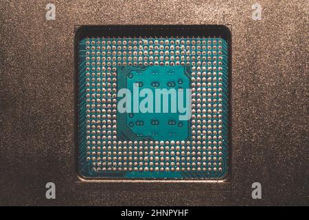 Processor pins macro. computer motherboard close up. cpu pins on a circuit board. micro elements of computer central processor unit. modern technologi Stock Photo