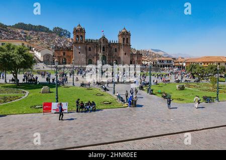 The main square of Cusco, Plaza de Armas with its famous landmark, Cusco Cathedral, Cusco, Peru, South America Stock Photo