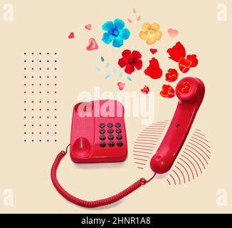 Art collage about retro phone receiver with various fresh flowers on pastel background. Stock Photo