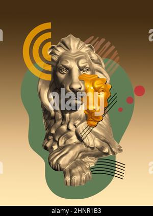 Collage with lion in a pop art style. Modern creative concept image with ancient statue. Stock Photo