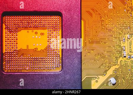 Processor pins macro. computer motherboard close up. cpu pins on a circuit board. micro elements of computer central processor unit. modern technologi Stock Photo