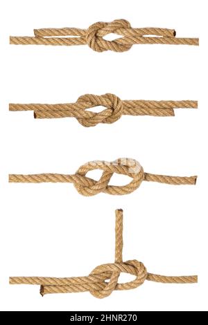 Collection ropes. Macro of figure eight node from two brown ropes, of figure clove hitch node and of figure rolling hitch node isolated on white backg Stock Photo