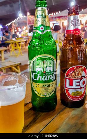 Chang Leo beer Thai night market street food Bangkok Thailand. Stock Photo