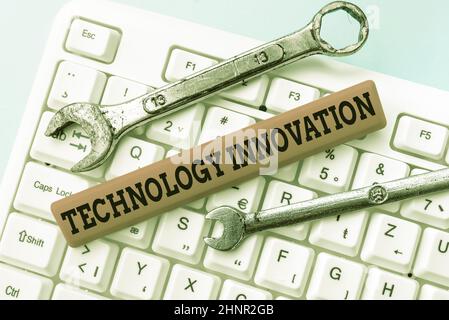 Text showing inspiration Technology Innovation. Business idea advanced net connected devices a Creative Technique Downloading Online Files And Data, Uploading Programming Codes Stock Photo