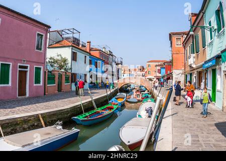 beautiful colored houses of the old fishermans  city Burano in the laguna of Venice Stock Photo